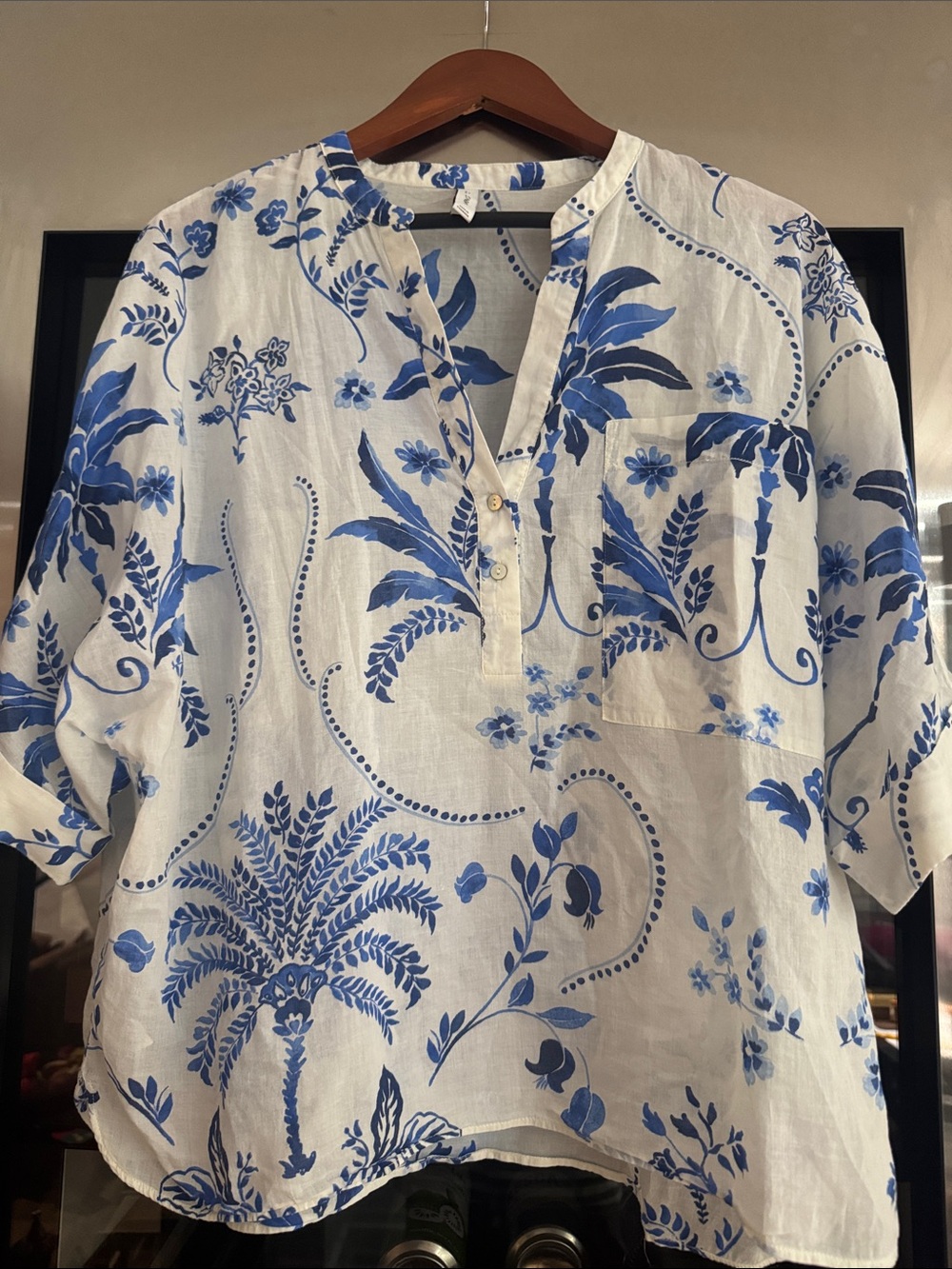 Mango MNG Blue White Botanical Print Blouse Size L